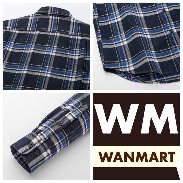 UNIQLO Men Kemeja Flannel Kotak Pria Lengan Panjang Blue Flanel