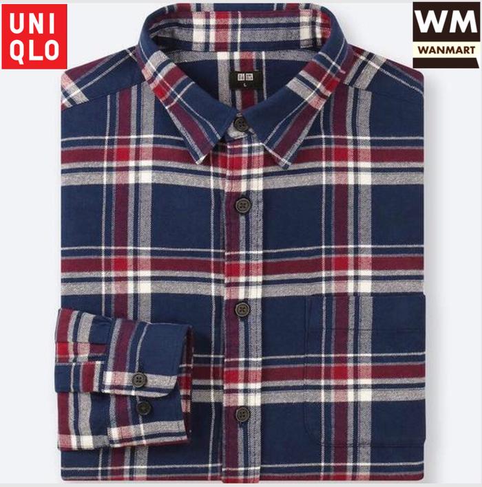 UNIQLO Men Kemeja Flannel Kotak Pria Lengan Panjang Blue Flanel